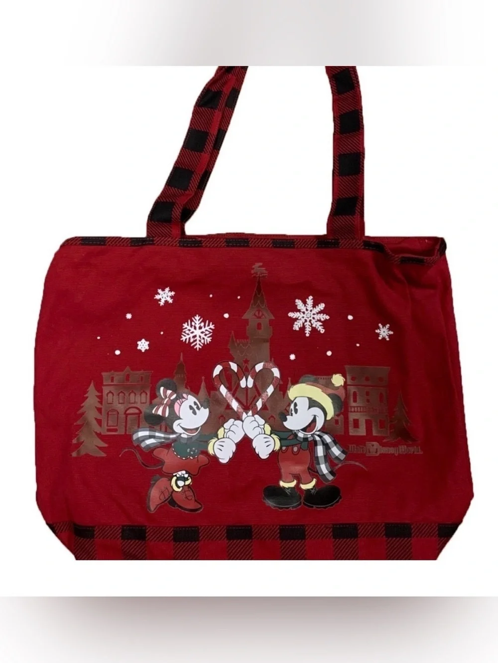 Disney Parks Mickey & Minnie Christmas Tote Bag Red Buffalo Plaid Holiday Bag